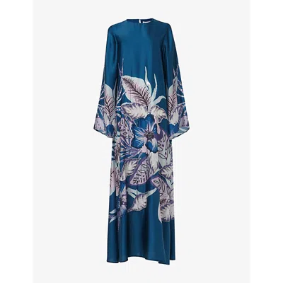 LEEM WOMENS BLUE FLOWER-EMBROIDERED PRINTED WOVEN KAFTAN 