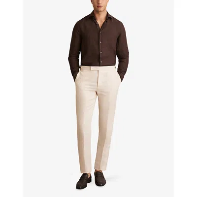 Reiss Mens Ruban Classic Collar Linen Shirt Dark Brown In Dark Brown