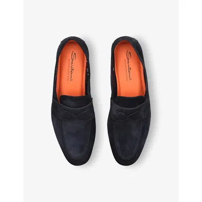 Santoni Suede Penny Loafers In Blue/dark