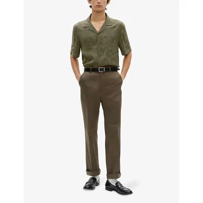 The Kooples Mens Short-sleeve Feather Jacquard-pattern Woven Shirt Olive Kaki Xl In Olive Kaki