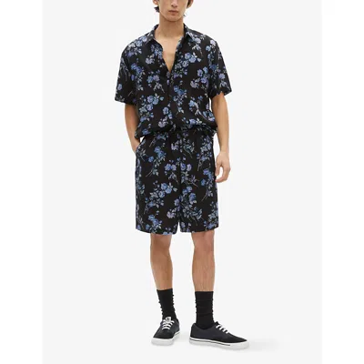The Kooples Mens Floral-print Short-sleeve Woven Shirt Black Blue In Black Blue