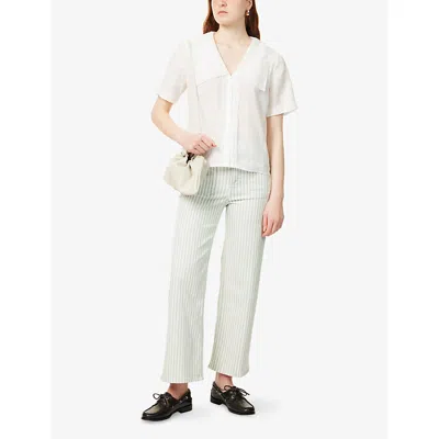 Frame The Anchor High Rise Subtle Wide Leg Pant In Seamist Stripe In White