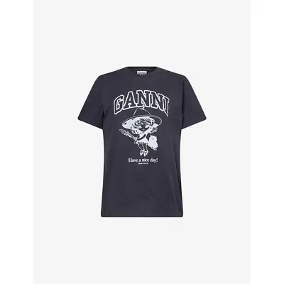 Ganni Black Crewneck T-shirt With Maxi Logo Lettering On The Front And Maxi Print On Front And Rear In Phantom