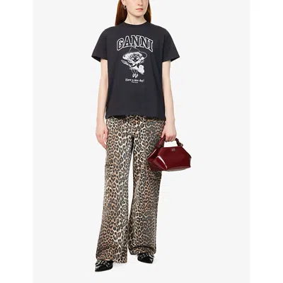 Ganni Black Crewneck T-shirt With Maxi Logo Lettering On The Front And Maxi Print On Front And Rear In Phantom