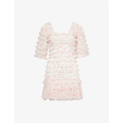 Needle & Thread Womens Rose Ditsy Frilled Woven Mini Dress Moonshine Pink In Moonshine Pink