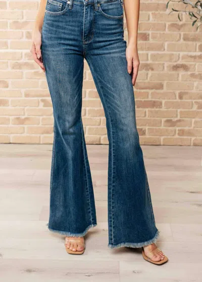 Judy Blue High Waist Control Top Frayed Hem Flare Jeans In Dark Wash In Blue
