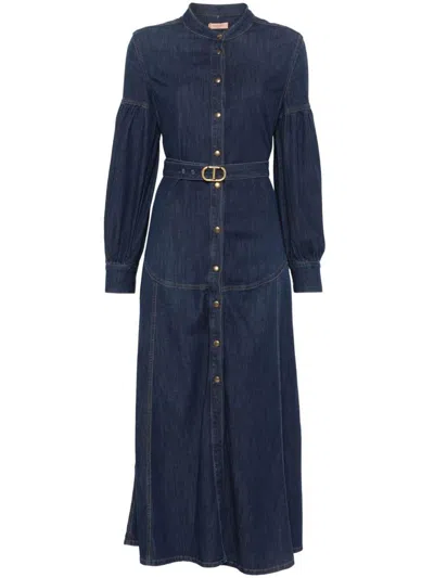 Twinset Denim Midi Dress In Blue With Belted Waist In Blue
