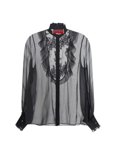 Valentino Silk Chiffon Blouse With Lace And Ruffles Trim In Black