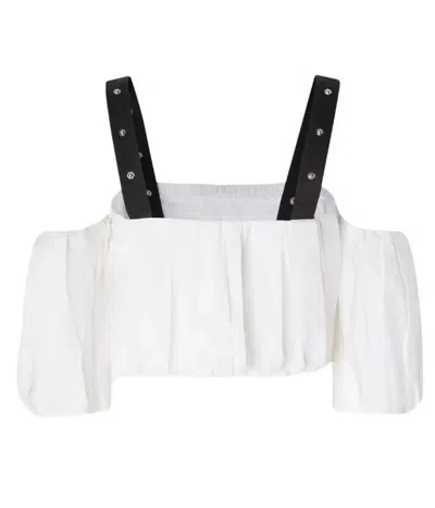 Pinko Cropped Beige Top With Puff Sleeves And Adjustable Straps In White