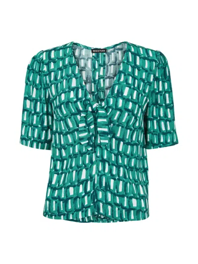 Whistles Linked Smudge Tie Front Top, Size 12 In Green Multi