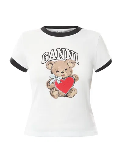 Ganni White Crewneck T-shirt With Logo Print On The Front In Bright White