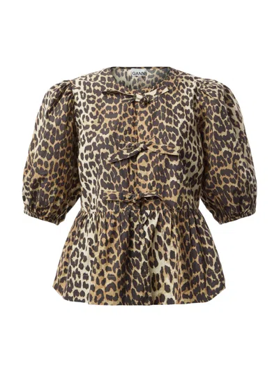 Ganni Leopard Cotton Shirt In Animal Print