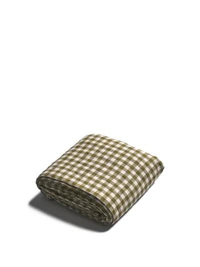 Piglet In Bed Gingham Linen Flat Sheet In Botanical Green Gingham