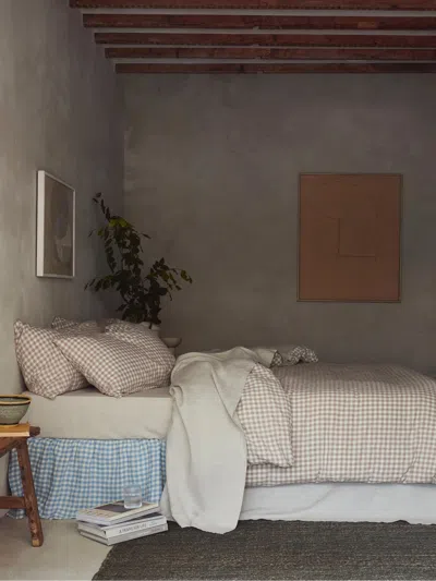 Piglet In Bed Gingham Linen Blend Duvet Cover In Mushroom Gingham