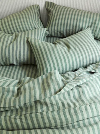Piglet In Bed Pembroke Stripe Linen Blend Pillowcases In Pine Green