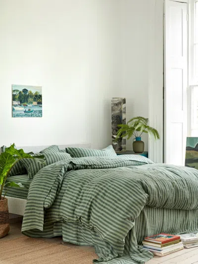 Piglet In Bed Pembroke Stripe Linen Blend Duvet Cover In Pine Green