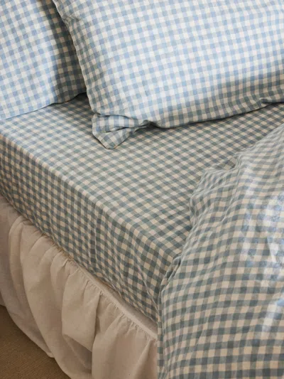 Piglet In Bed Gingham Linen Blend Fitted Sheet In Warm Blue Gingham