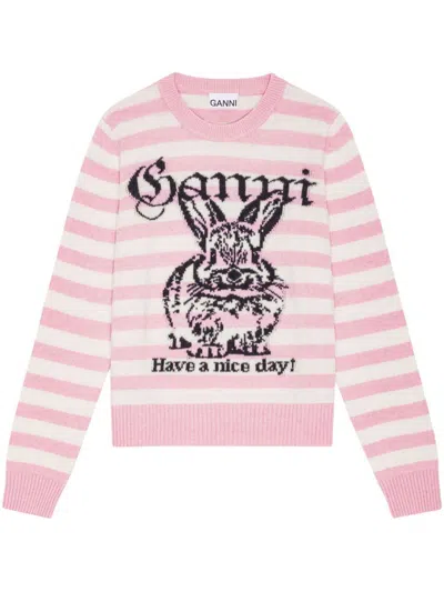 Ganni Striped Sweater With Rabbit In Pink