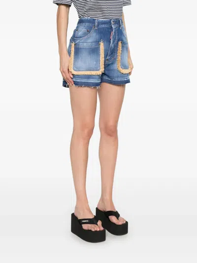 Dsquared2 Summer Lovers Denim Shorts With Fringe Detailing In Blue