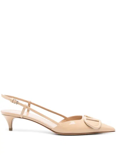 Valentino Garavani Beige Slingback Pumps With Vlogo Plaque And Low Stiletto Heel In Leather Woman In Neutrals