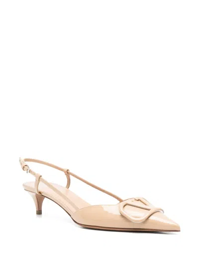 Valentino Garavani Beige Slingback Pumps With Vlogo Plaque And Low Stiletto Heel In Leather Woman In Neutrals
