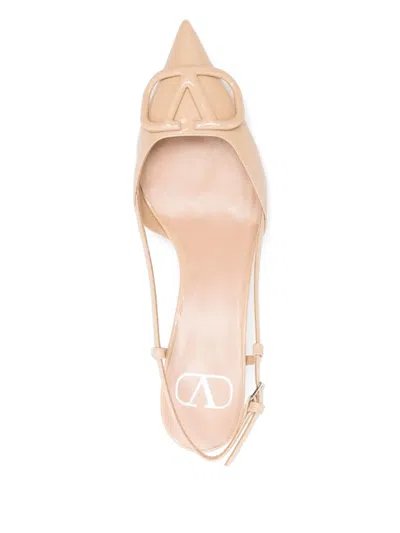 Valentino Garavani Beige Slingback Pumps With Vlogo Plaque And Low Stiletto Heel In Leather Woman In Neutrals