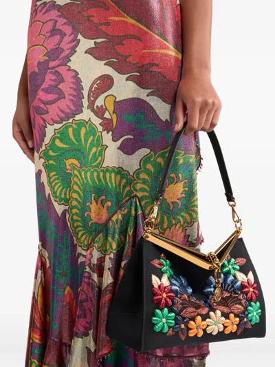 Etro Medium Vela Bag With Flowers In Black