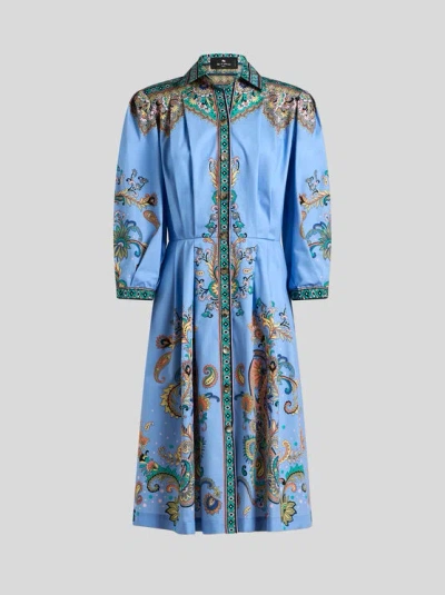 Etro Paisley-jacquard Knee-length Shirt Dress In Light Blue