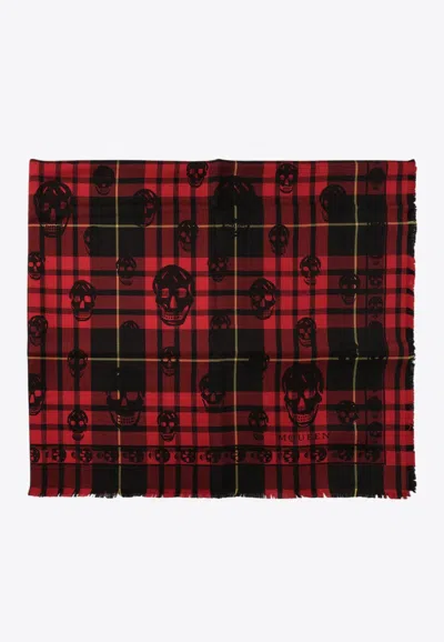 Alexander Mcqueen Tartan Skull Wool Scarf In Red