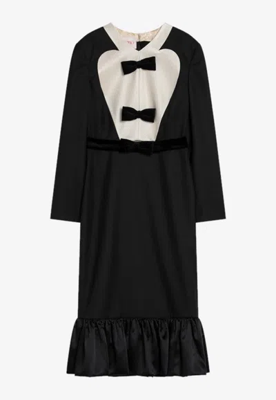 Valentino Belted Bow-embellished Velvet And Ottoman-trimmed Wool Midi Dress In Black