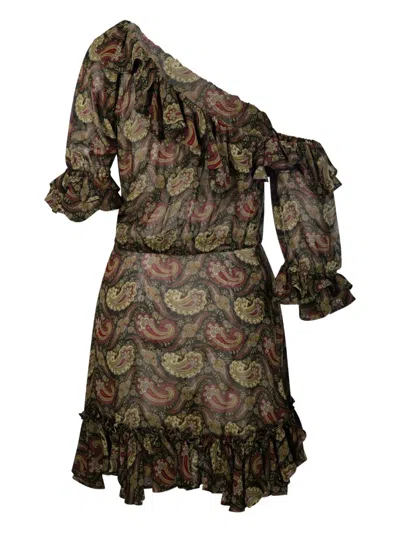 Saint Laurent Paisley Off-the-shoulder Mini Ruffled Dress In Green