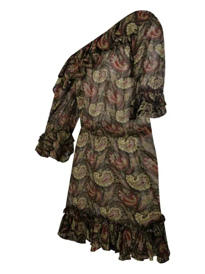 Saint Laurent Paisley Off-the-shoulder Mini Ruffled Dress In Green