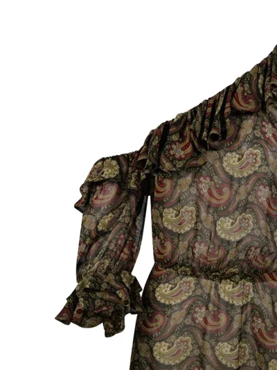 Saint Laurent Paisley Off-the-shoulder Mini Ruffled Dress In Green