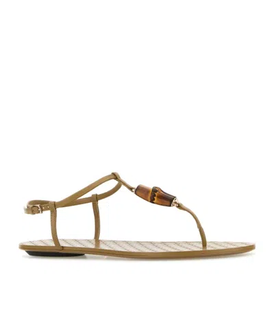 Gucci Women Khaki Leather Thong Sandals In Khaki