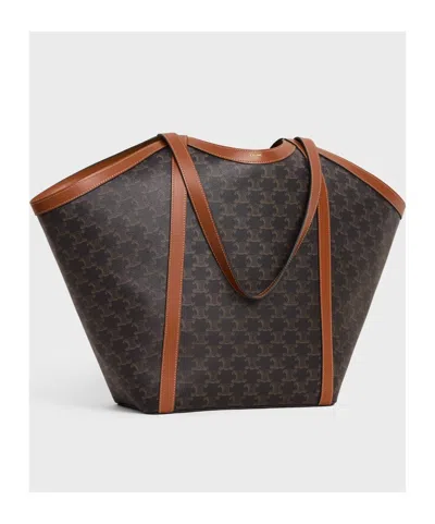 Celine Large Cabas In Triomphe Canvas And Calfskin In Tan