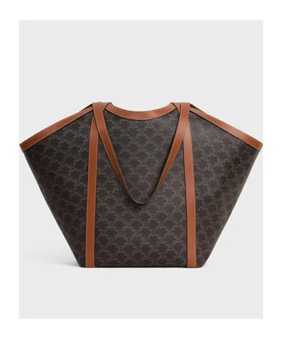 Celine Large Cabas In Triomphe Canvas And Calfskin In Tan