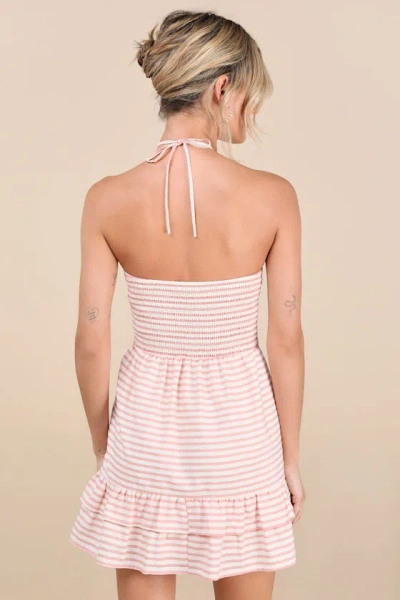 Lulus Corilie Pink And White Striped Halter Mini Dress In Pink And White