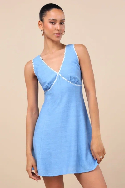 Lulus Arelie Blue Rickrack Linen Mini Dress In Blue