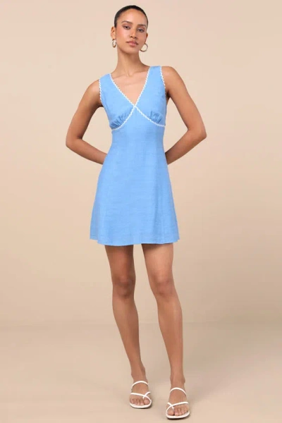 Lulus Arelie Blue Rickrack Linen Mini Dress In Blue