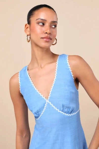 Lulus Arelie Blue Rickrack Linen Mini Dress In Blue