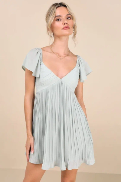 Lulus Amalfi Coast Mint Blue Pleated Flutter Sleeve Mini Dress In Mint Blue