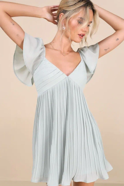Lulus Amalfi Coast Mint Blue Pleated Flutter Sleeve Mini Dress In Mint Blue