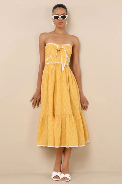 LULUS DELIGHTFUL DESIGN YELLOW POLKA DOT MIDI DRESS WITH POCKETS 