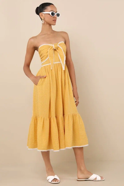Lulus Delightful Design Yellow Polka Dot Midi Dress With Pockets In Yellow