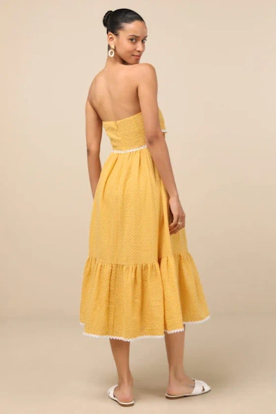 Lulus Delightful Design Yellow Polka Dot Midi Dress With Pockets In Yellow