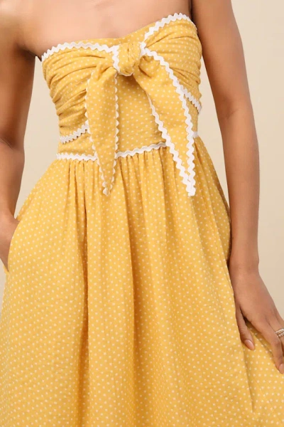 Lulus Delightful Design Yellow Polka Dot Midi Dress With Pockets In Yellow