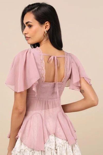 Lulus Elisae Mauve Pink Lace Pleated Flutter Sleeve Top In Mauve Pink