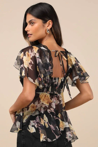Lulus Elisae Black Floral Lace Pleated Flutter Sleeve Top In Black