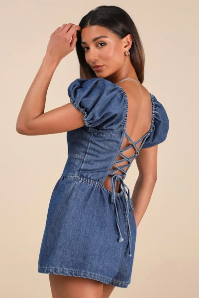 Lulus Feylith Medium Wash Denim Romper In Blue