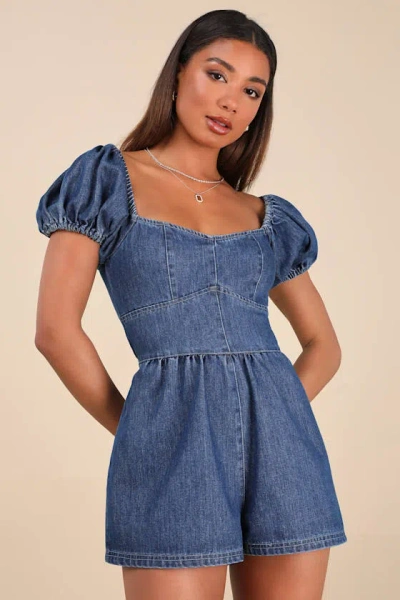 Lulus Feylith Medium Wash Denim Romper In Blue